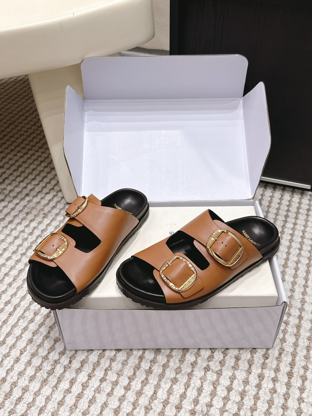 YSL 26ss Platform Slippers Camel Brown Black Sheepskin Gold Buckle 663206