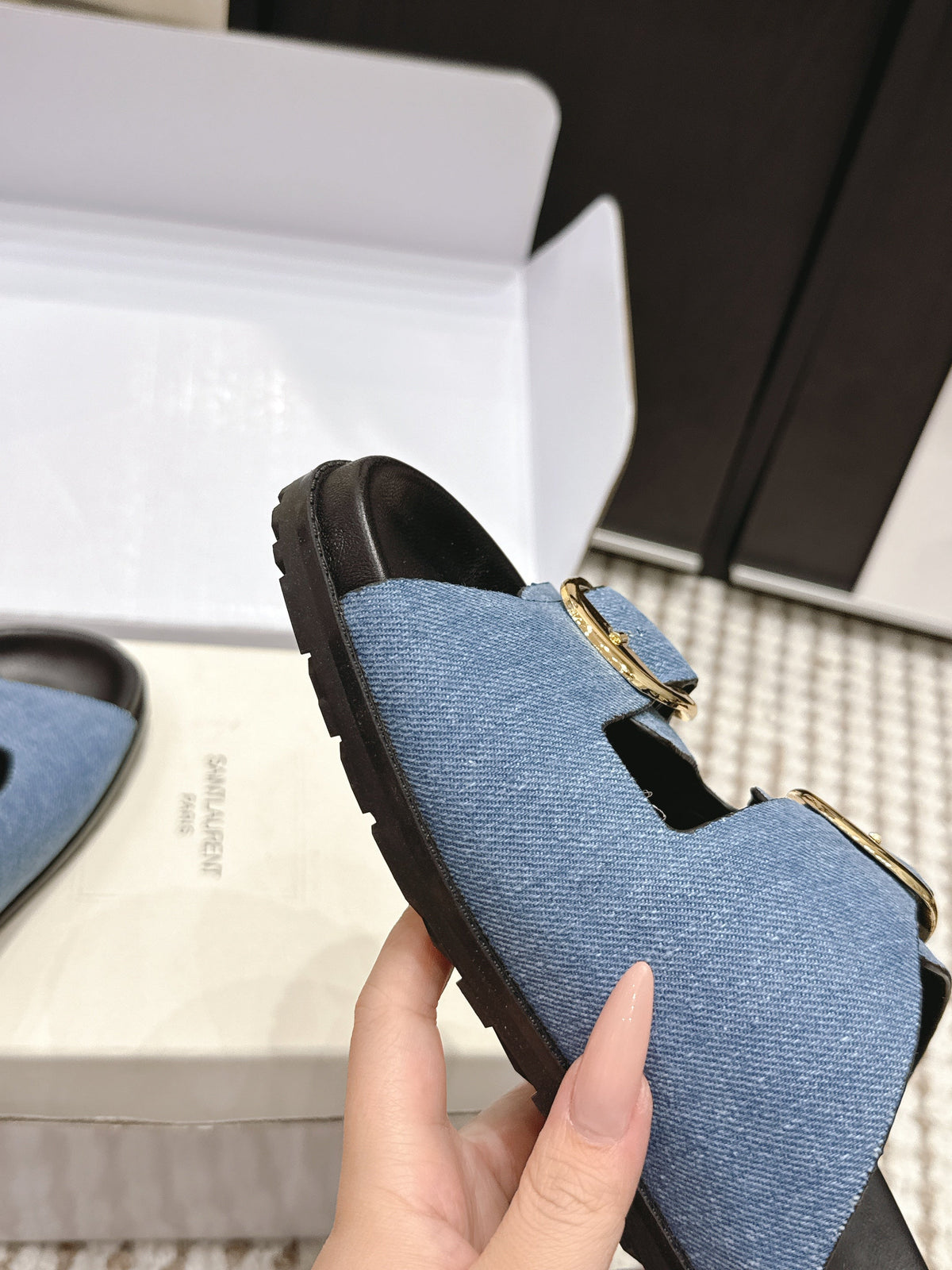 YSL 26ss Platform Slippers Black Blue Denim Leather 663209