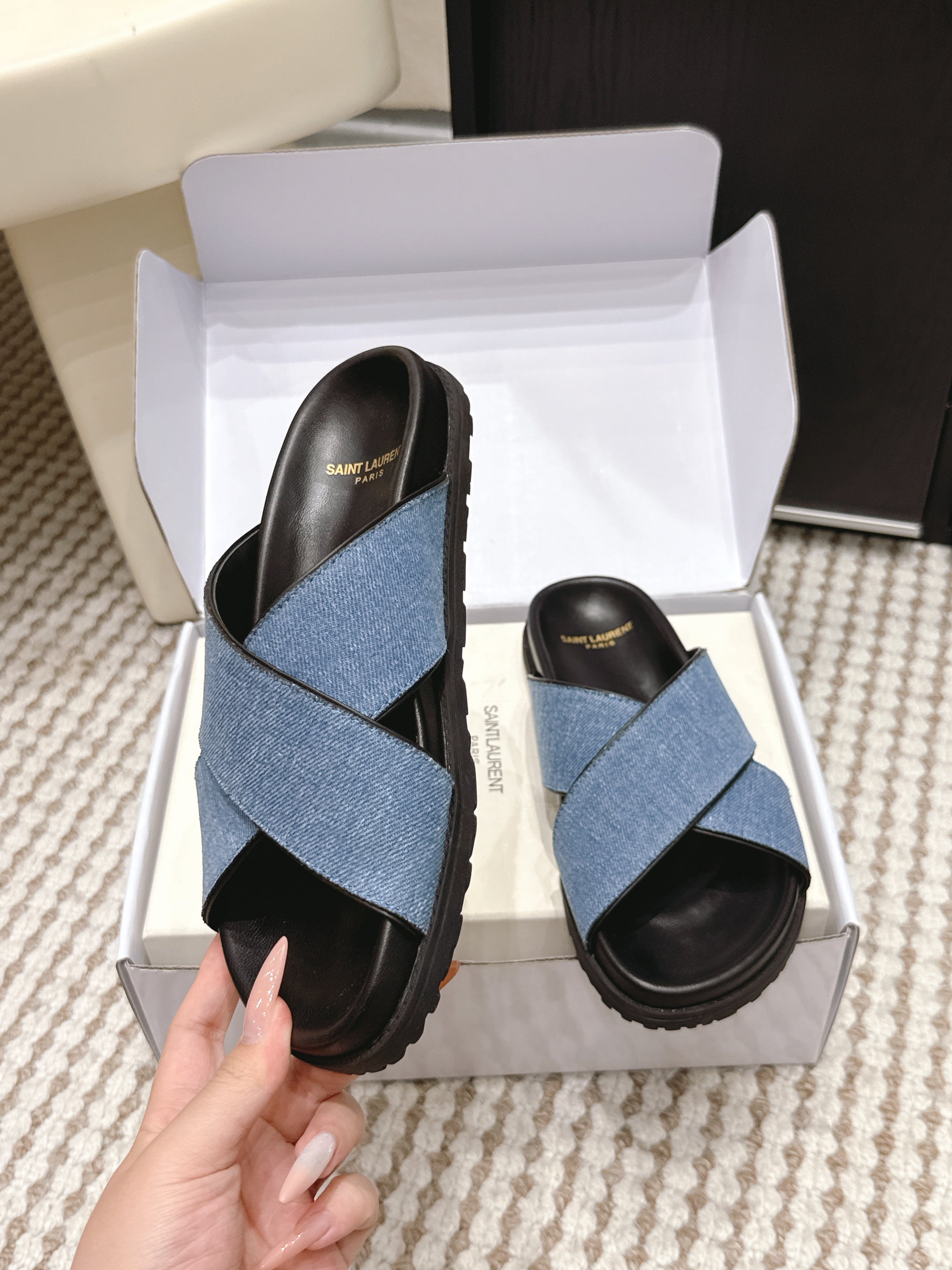 YSL 26ss Platform Slippers Black Blue Denim Leather 663217