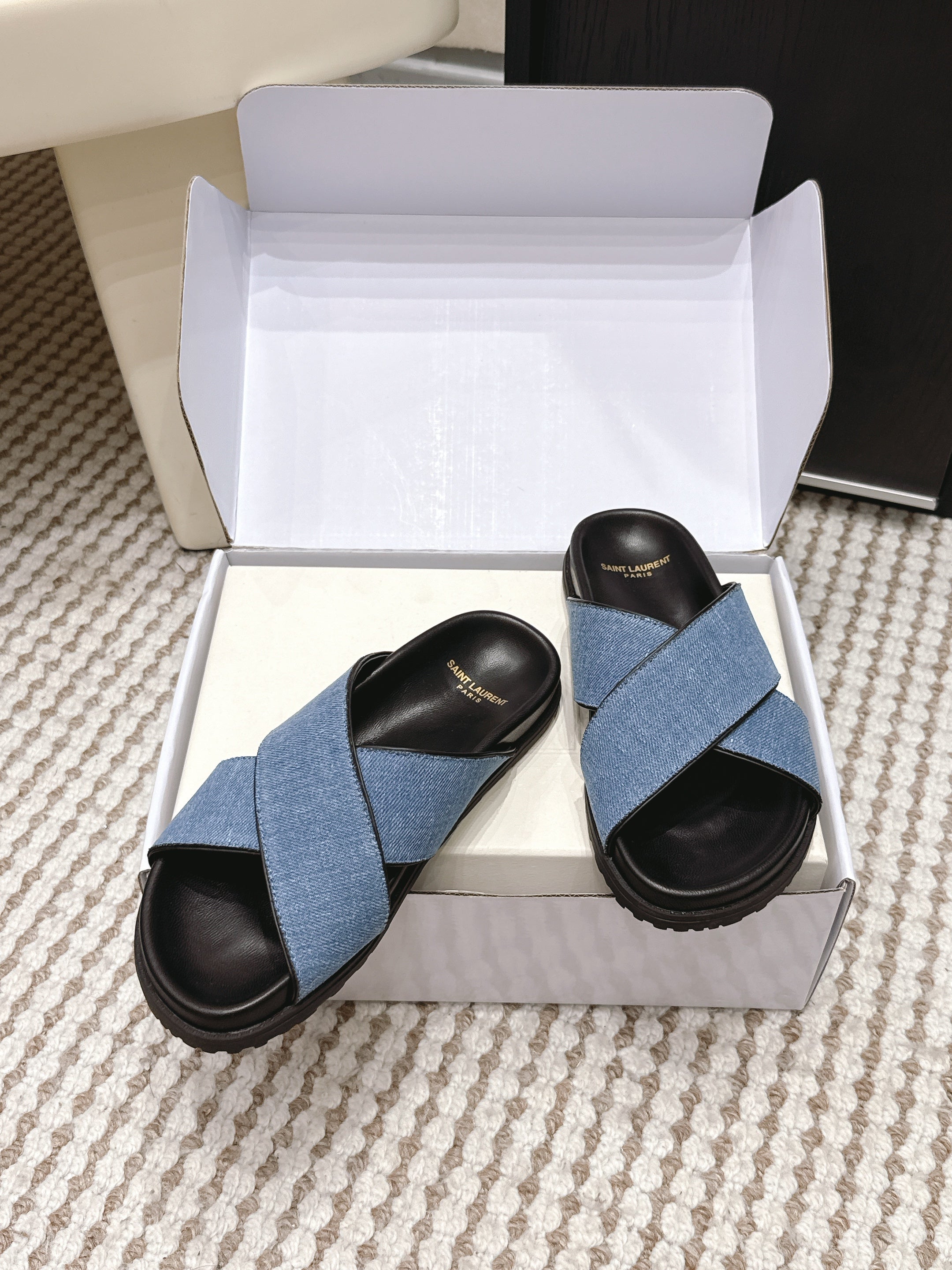 YSL 26ss Platform Slippers Black Blue Denim Leather 663217