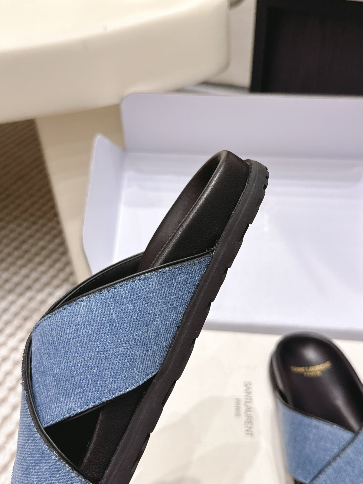 YSL 26ss Platform Slippers Black Blue Denim Leather 663217