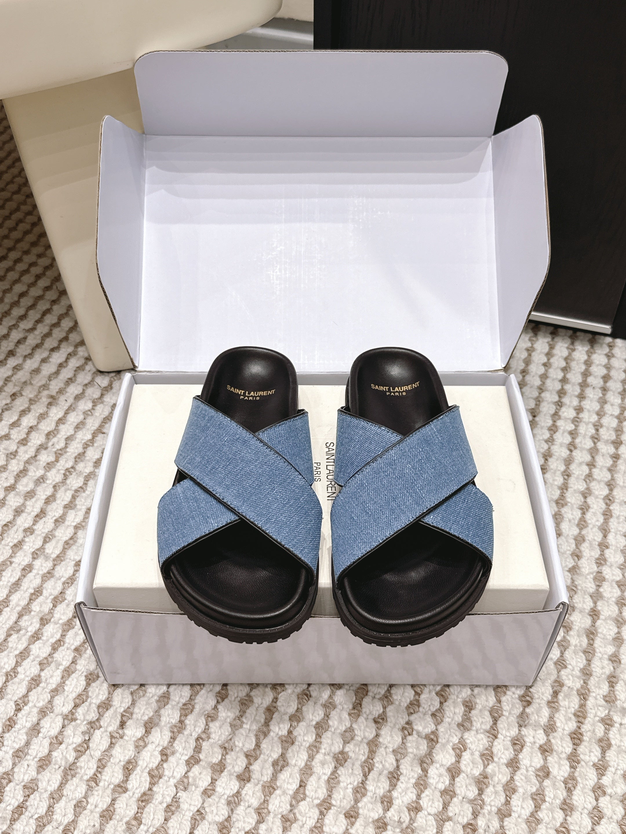 YSL 26ss Platform Slippers Black Blue Denim Leather 663217