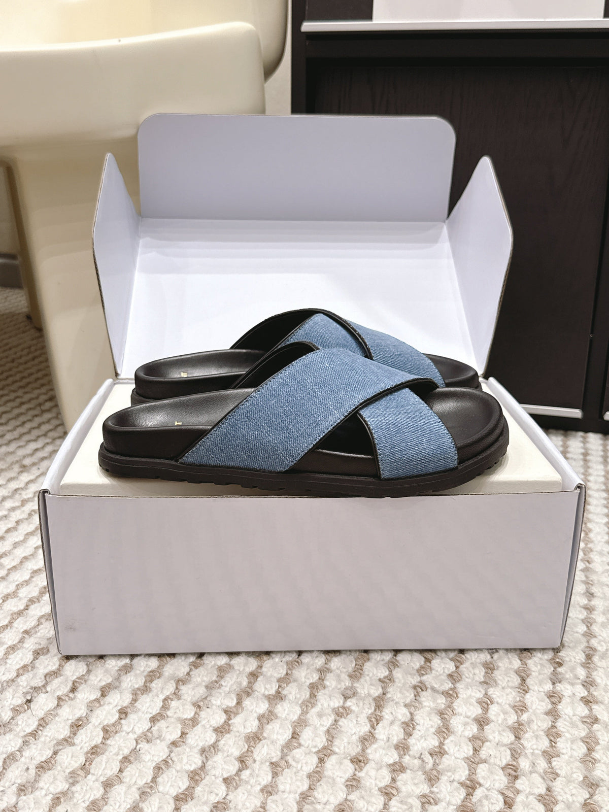 YSL 26ss Platform Slippers Black Blue Denim Leather 663217