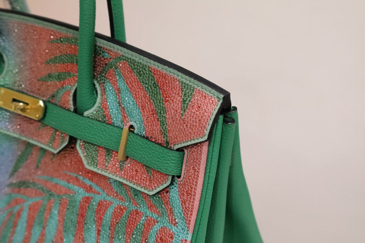 High-end Hermes 2026 "Paradise" Swarovski Crystal Birkin 35cm Bag Vert Vertigo Togo Leather