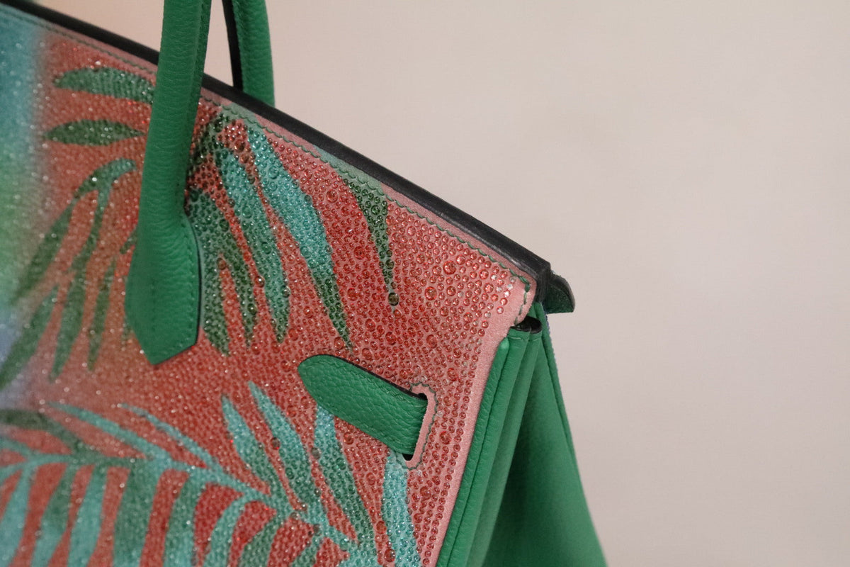 High-end Hermes 2026 "Paradise" Swarovski Crystal Birkin 35cm Bag Vert Vertigo Togo Leather