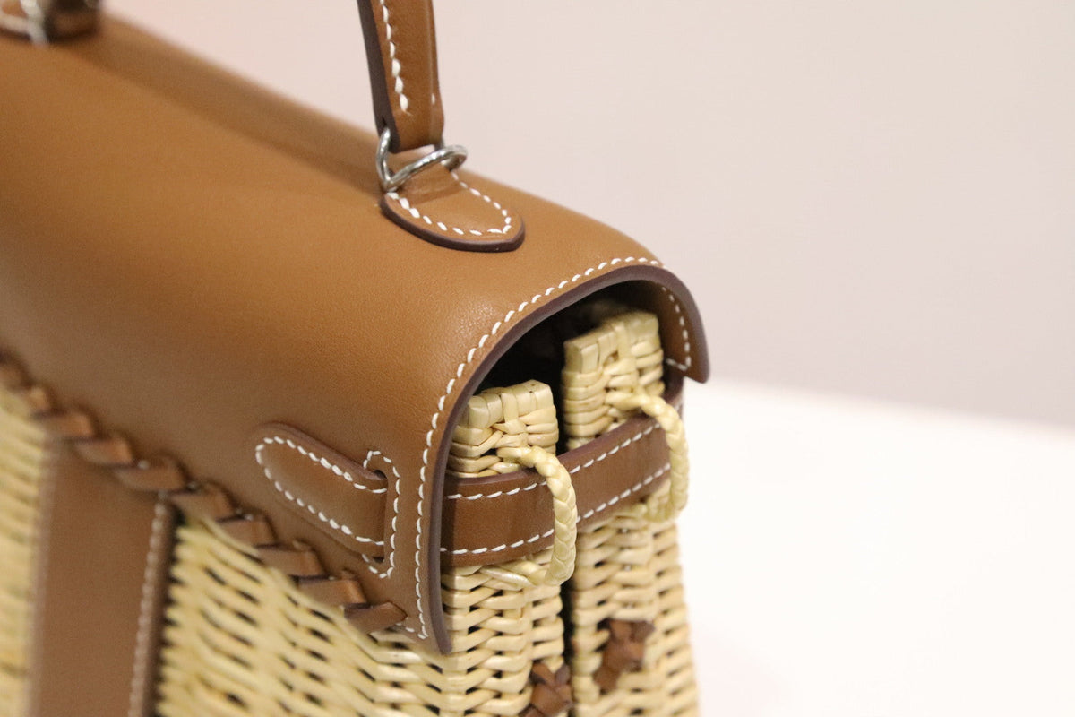 High-end Hermes 2026 Kelly Picnic Bag 20cm Golden Brown Leather/Woven Rattan