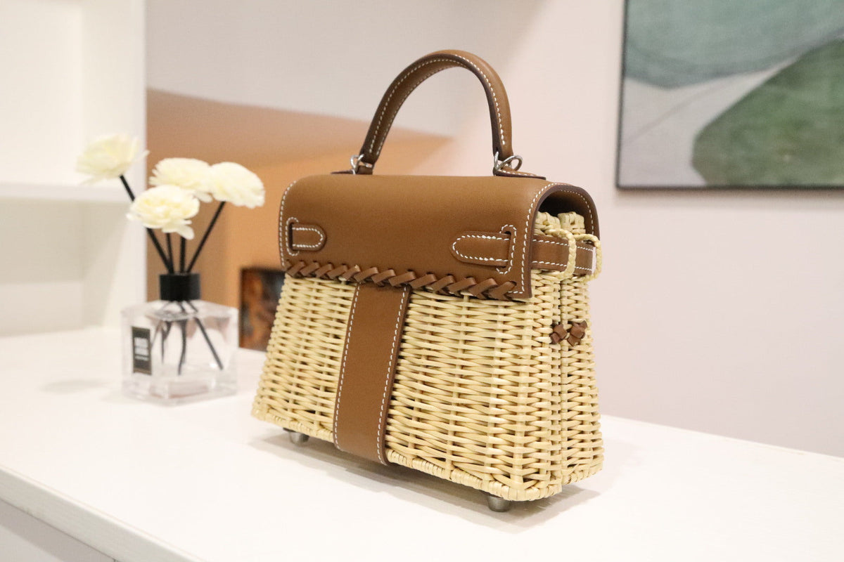 High-end Hermes 2026 Kelly Picnic Bag 20cm Golden Brown Leather/Woven Rattan