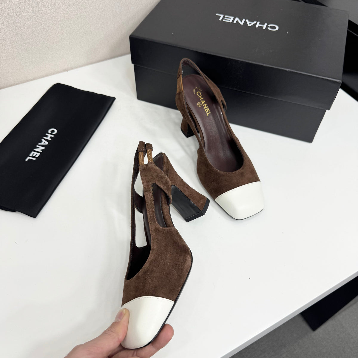 Chanel 2026 Two-Tone Square-Toe Slingback Suede Leather