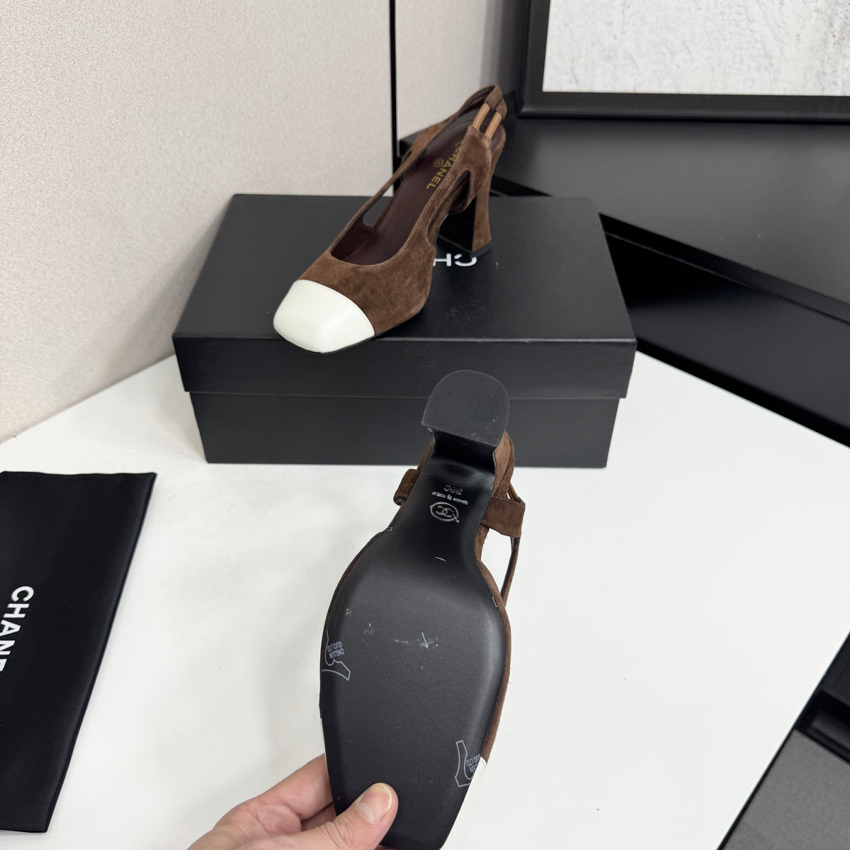 Chanel 2026 Two-Tone Square-Toe Slingback Suede Leather
