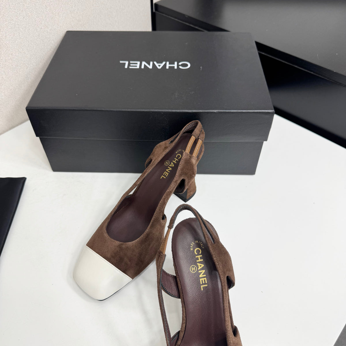 Chanel 2026 Two-Tone Square-Toe Slingback Suede Leather