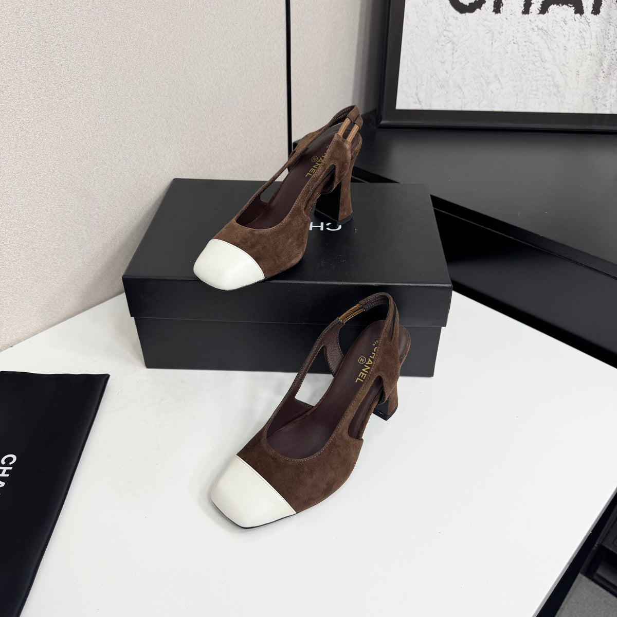 Chanel 2026 Two-Tone Square-Toe Slingback Suede Leather