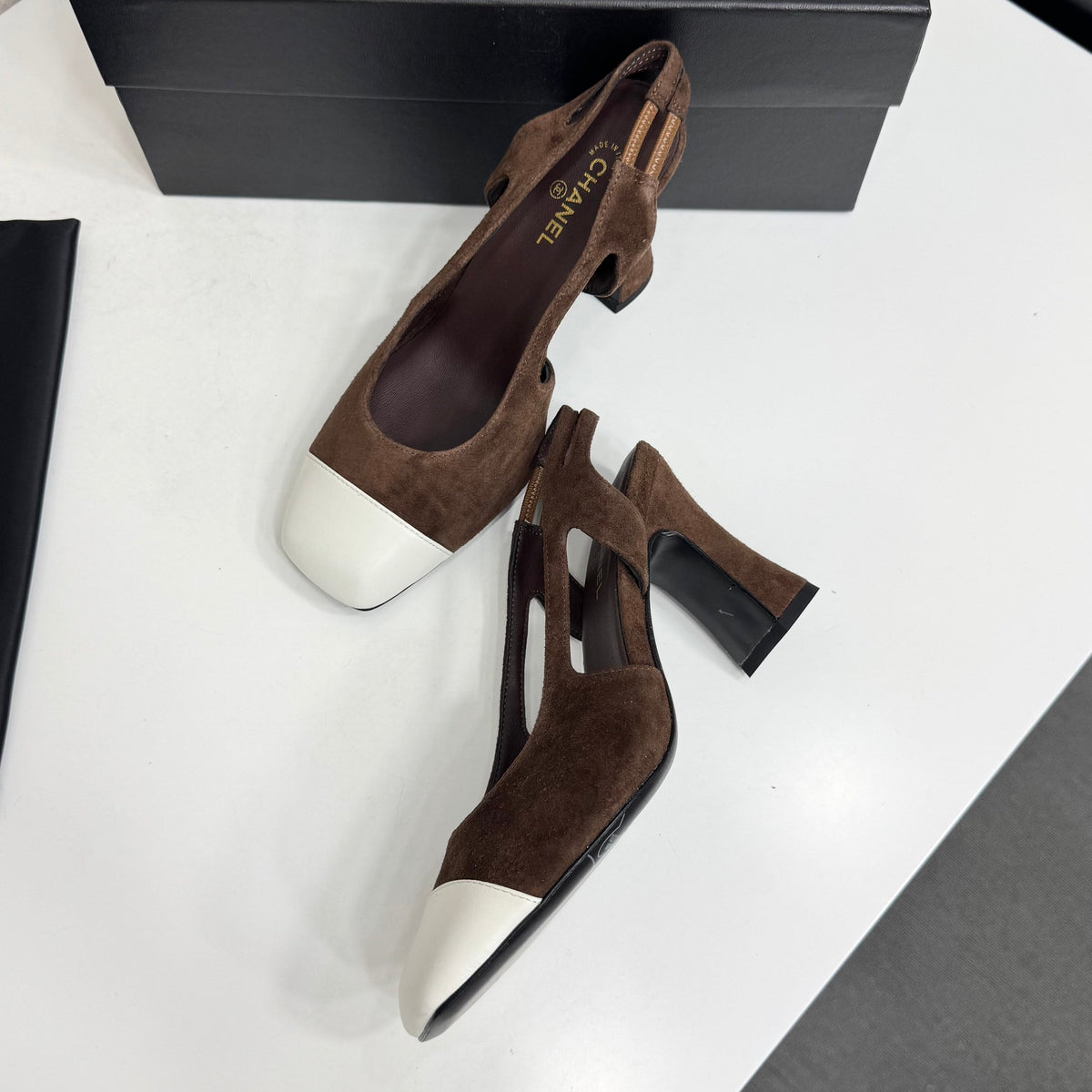 Chanel 2026 Two-Tone Square-Toe Slingback Suede Leather