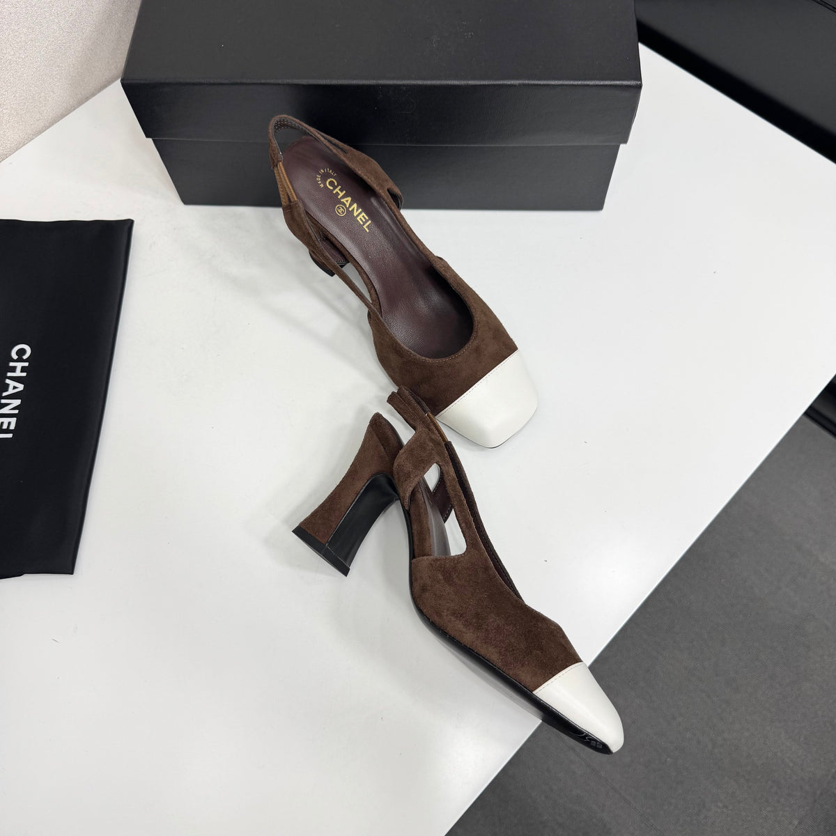 Chanel 2026 Two-Tone Square-Toe Slingback Suede Leather