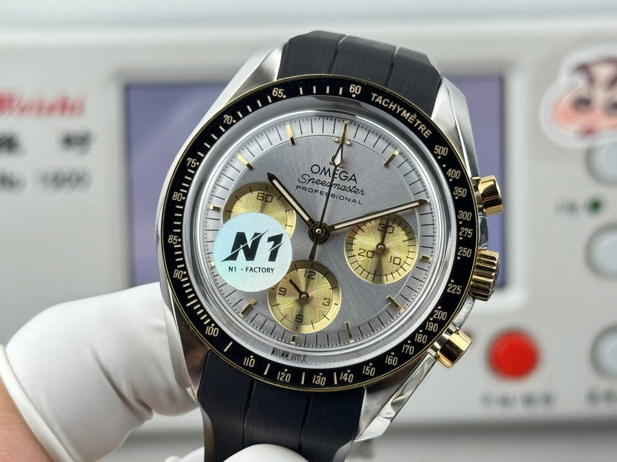 Omega Speedmaster Moonwatch Professional 42mm Silver Gold Dial Black Rubber