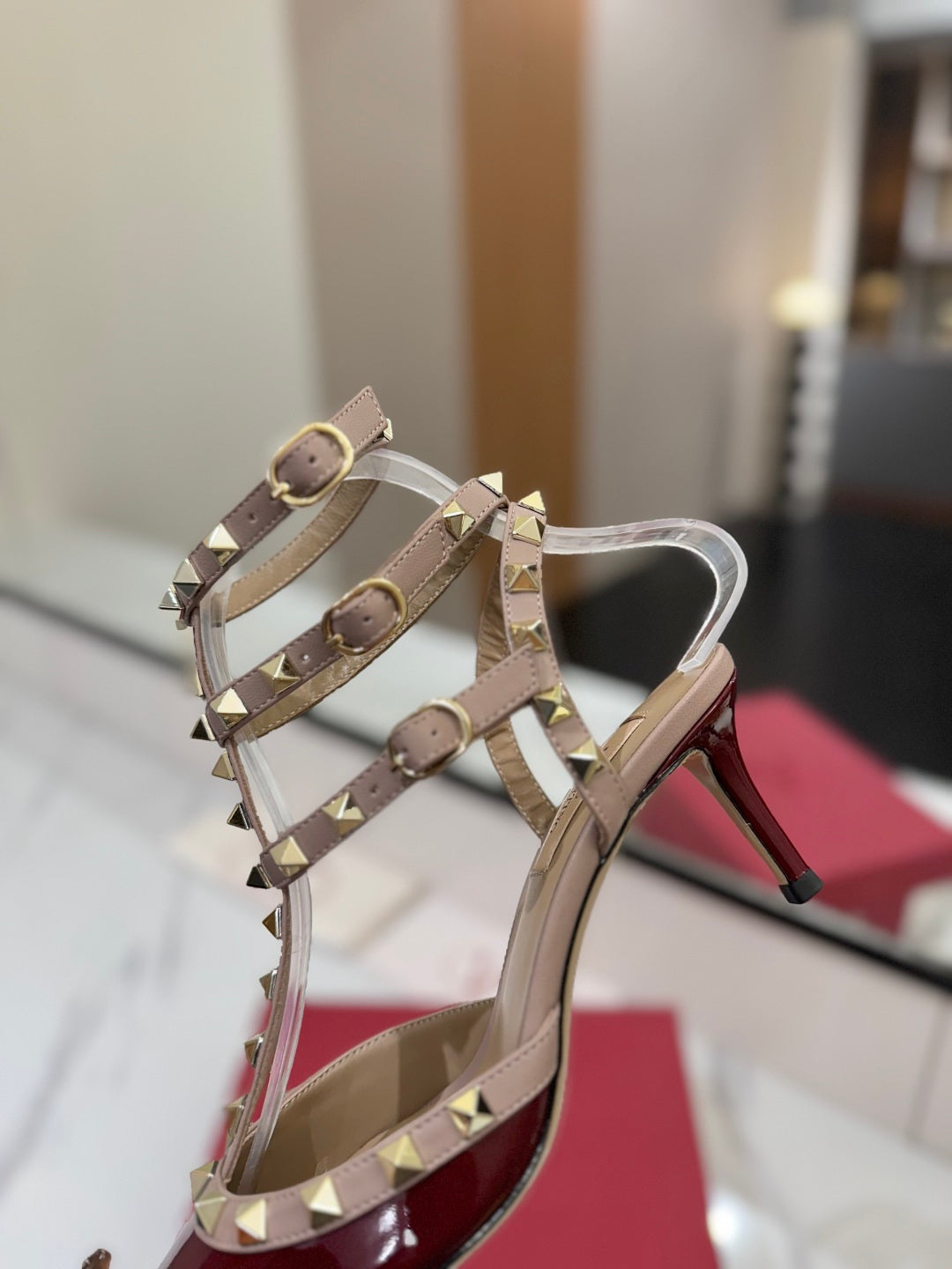 VT Classic Ankle-Wrap Studded Sandal Red Patent Leather Goatskin 351811
