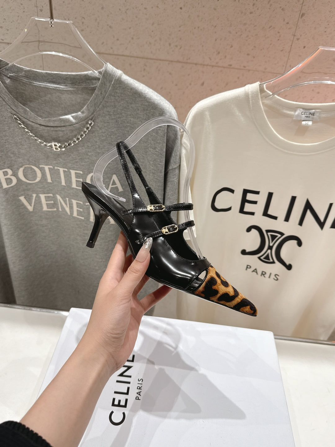 Celine 25C Judy Double Strap Mary Jane Slingback Black mix Brown  Sheepskin 236777
