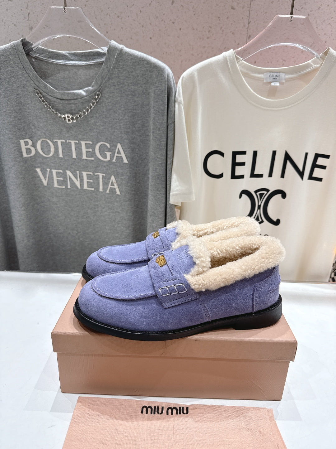 MiuMiu 25 Fur Loafer Light Purple mix Beige Suede 535599