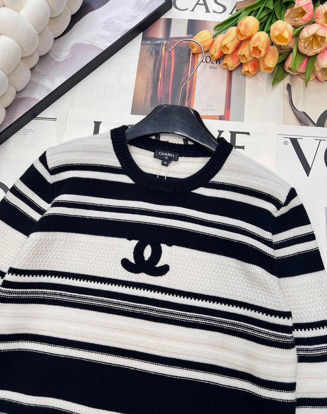 CC 26 Striped Plush Letter Knit Sweater Black White Wool 785169