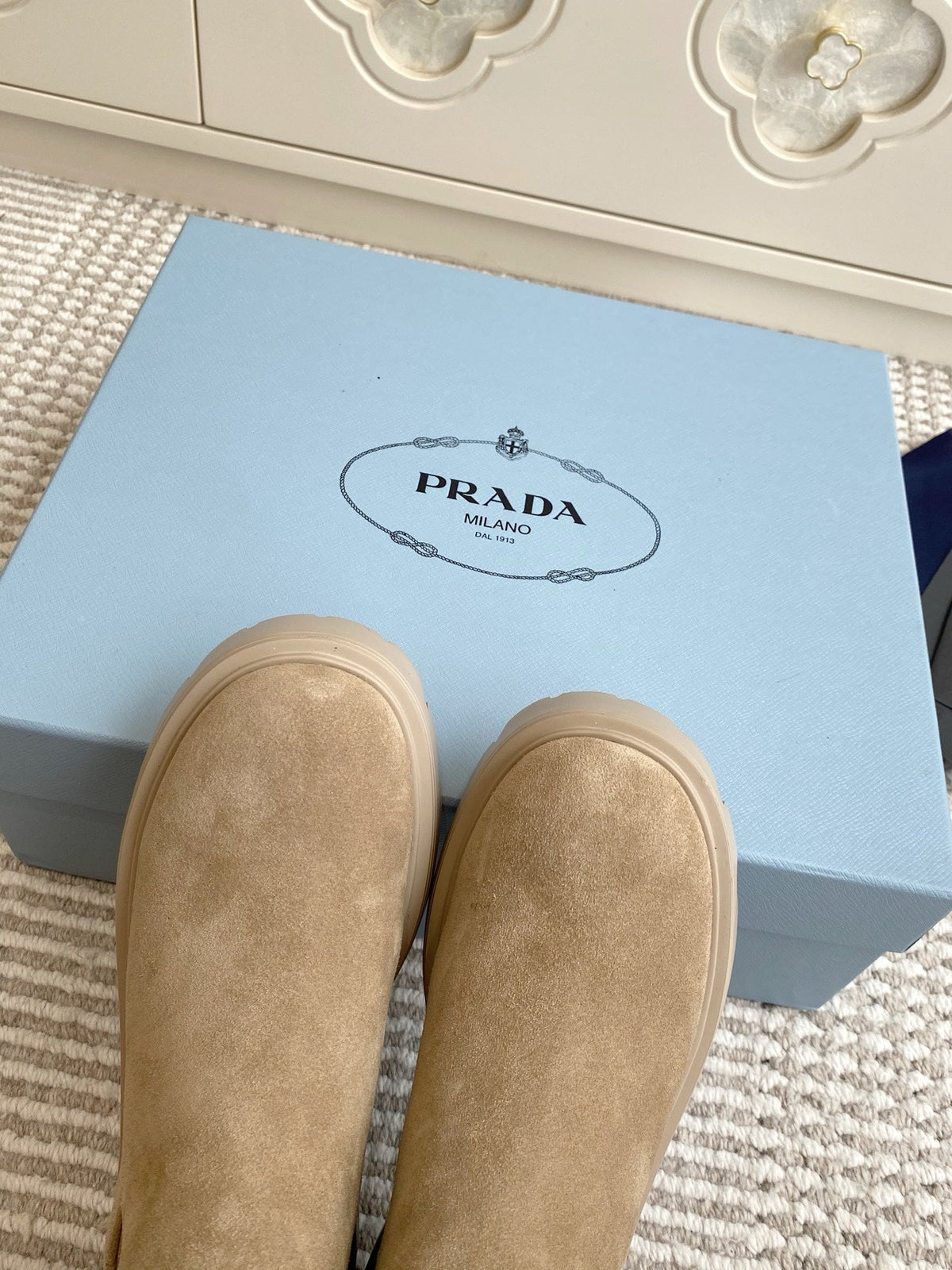 Prada 25 Chelsea Boot Beige Suede Cowhide 501437