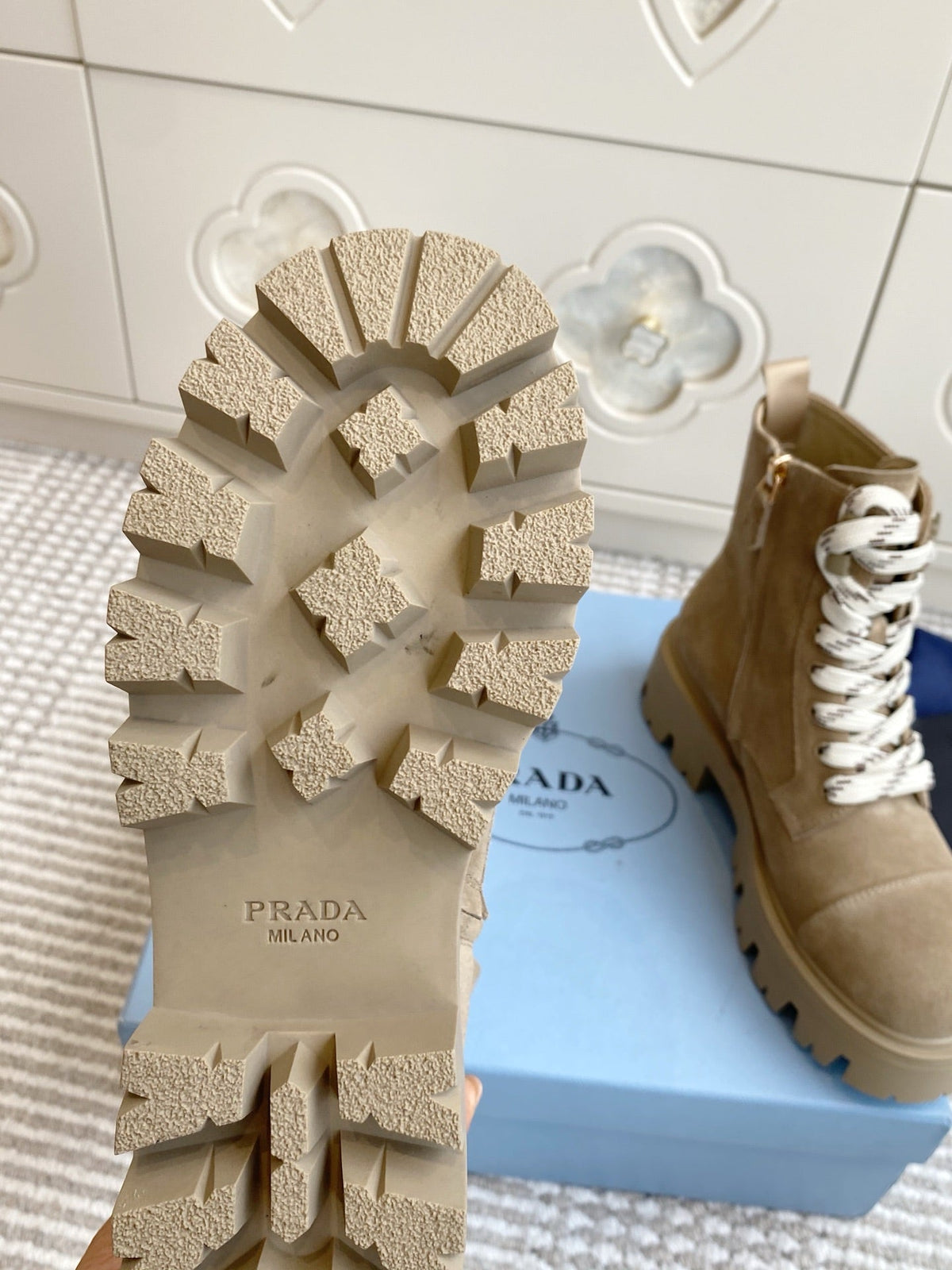 Prada 25 Martin Boot Beige Suede Cowhide 501439