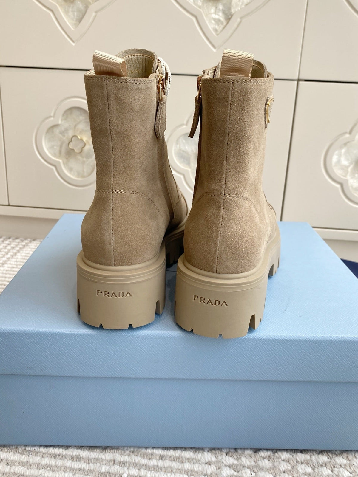Prada 25 Martin Boot Beige Suede Cowhide 501439