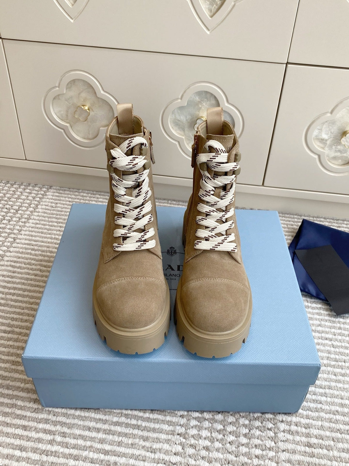 Prada 25 Martin Boot Beige Suede Cowhide 501439