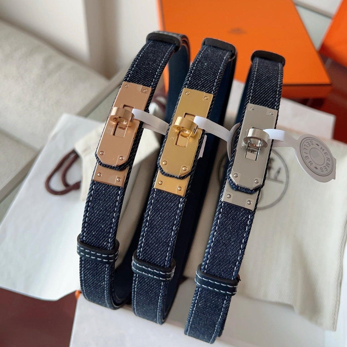 HM Kelly Belt 18mm Dark Blue Canvas Epsom Leather