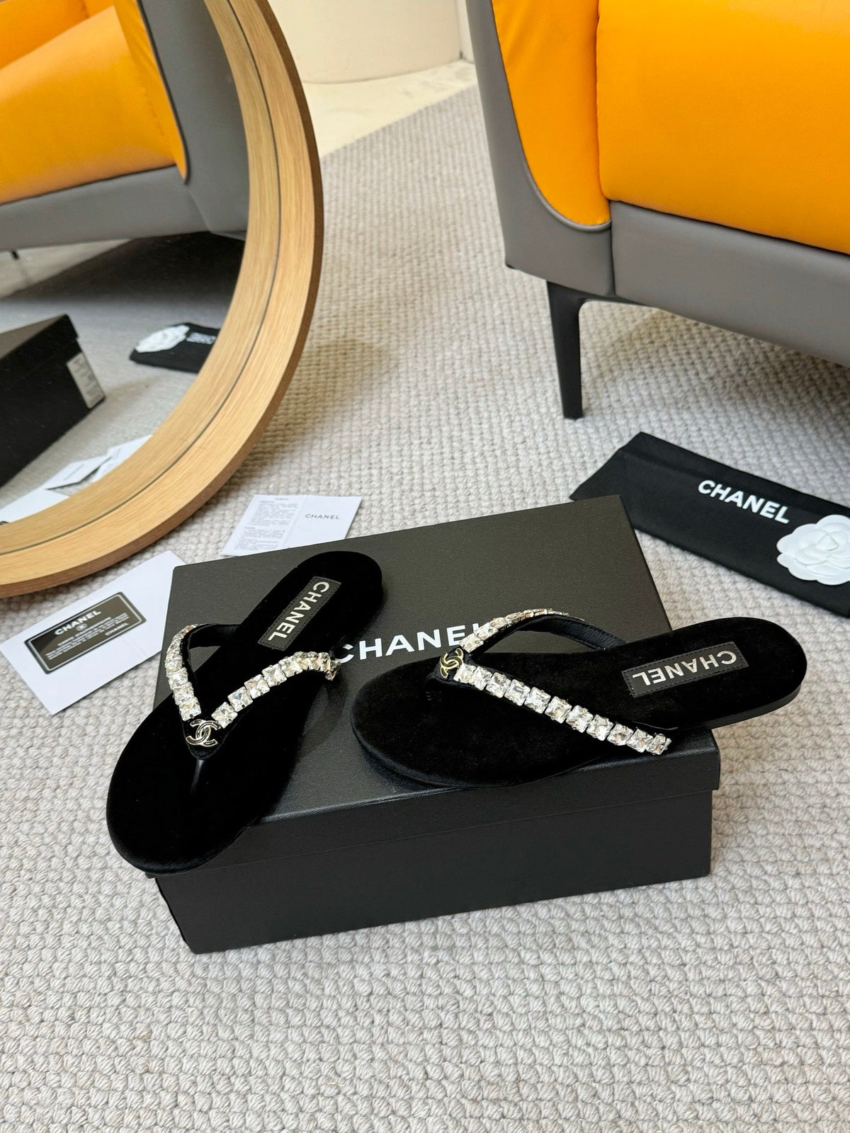 CC Diamond Thong Slippers Black Cloth 305866