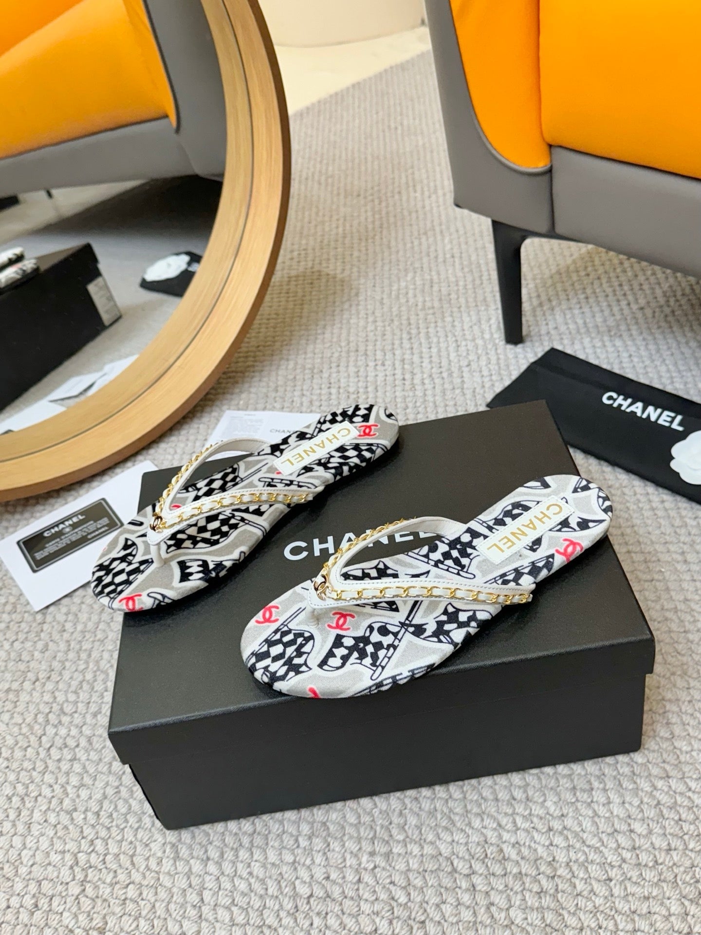 CC Chain Strap Thong Slippers Multicolor Cloth Sheepskin Velvet 305867