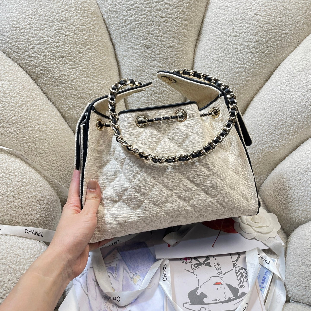 Chanel 2026 Hobo Bag Black Cream Canvas Leather