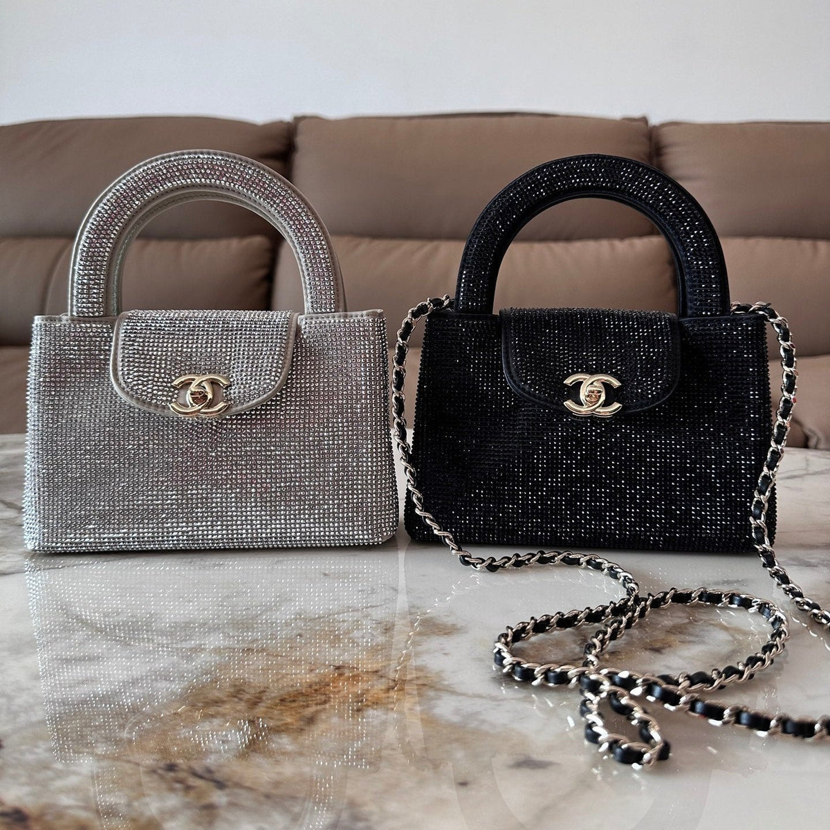 Chanel 2026 Bag 19cm Black And Silver Rhinestones Leather