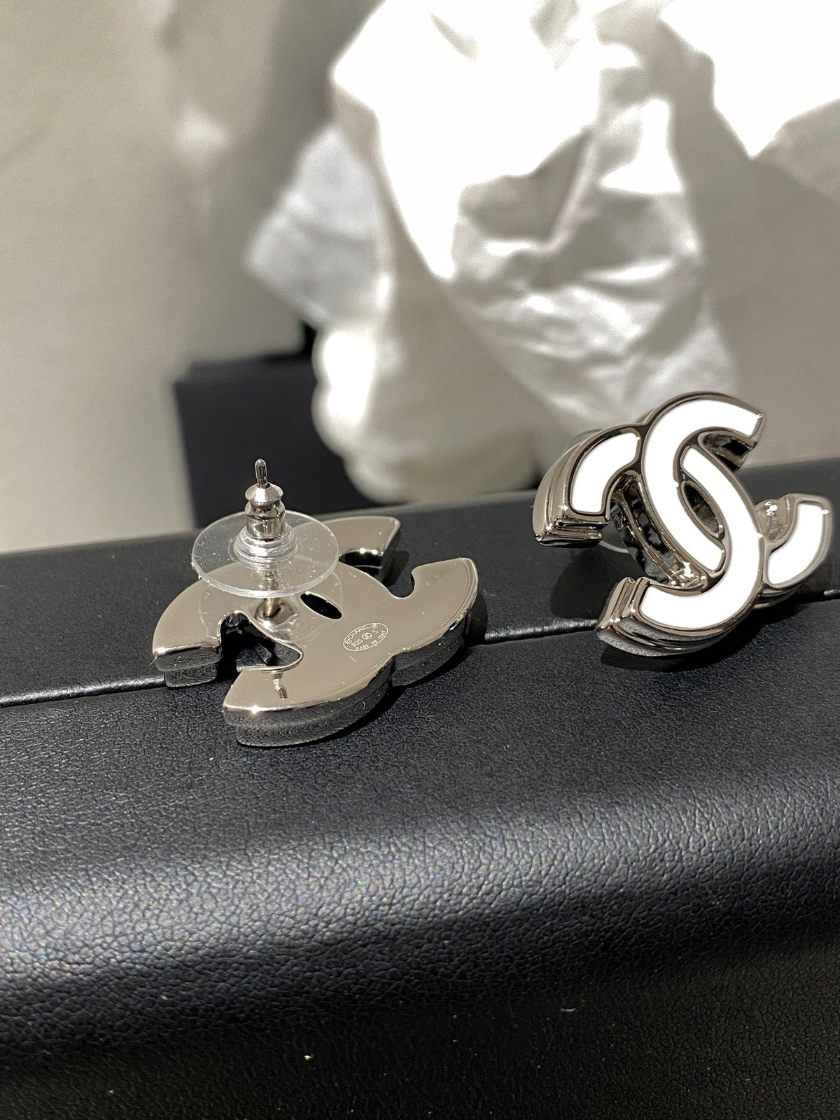 Chanel White Enamel CC Stud Earrings With Silver-tone Trim