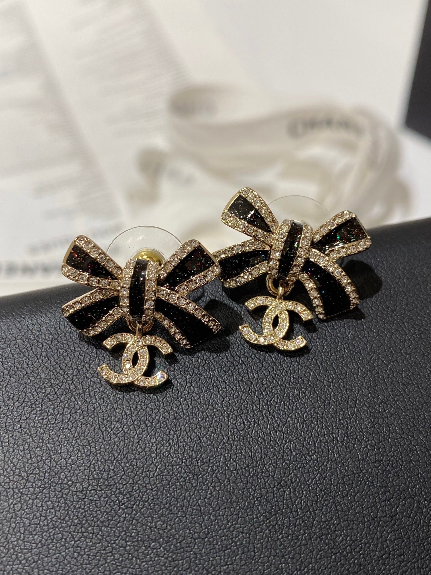 CC Crystals Black Enamel Bow Gold Earrings