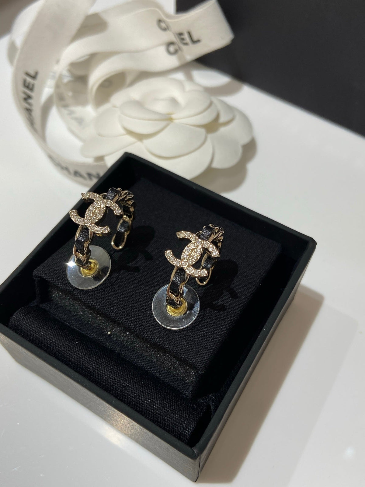 CC Half Circle Gold Black Leather Earrings