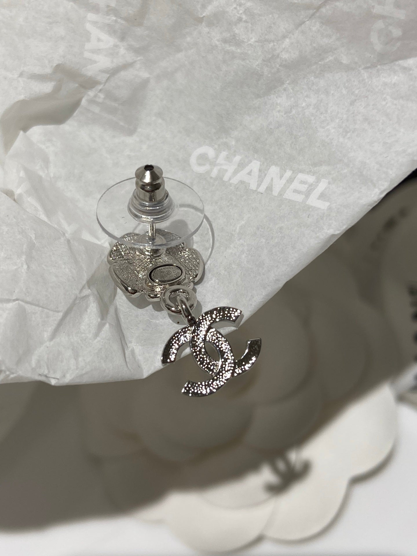 CC Flower Pendant Silver Black Diamond Earrings