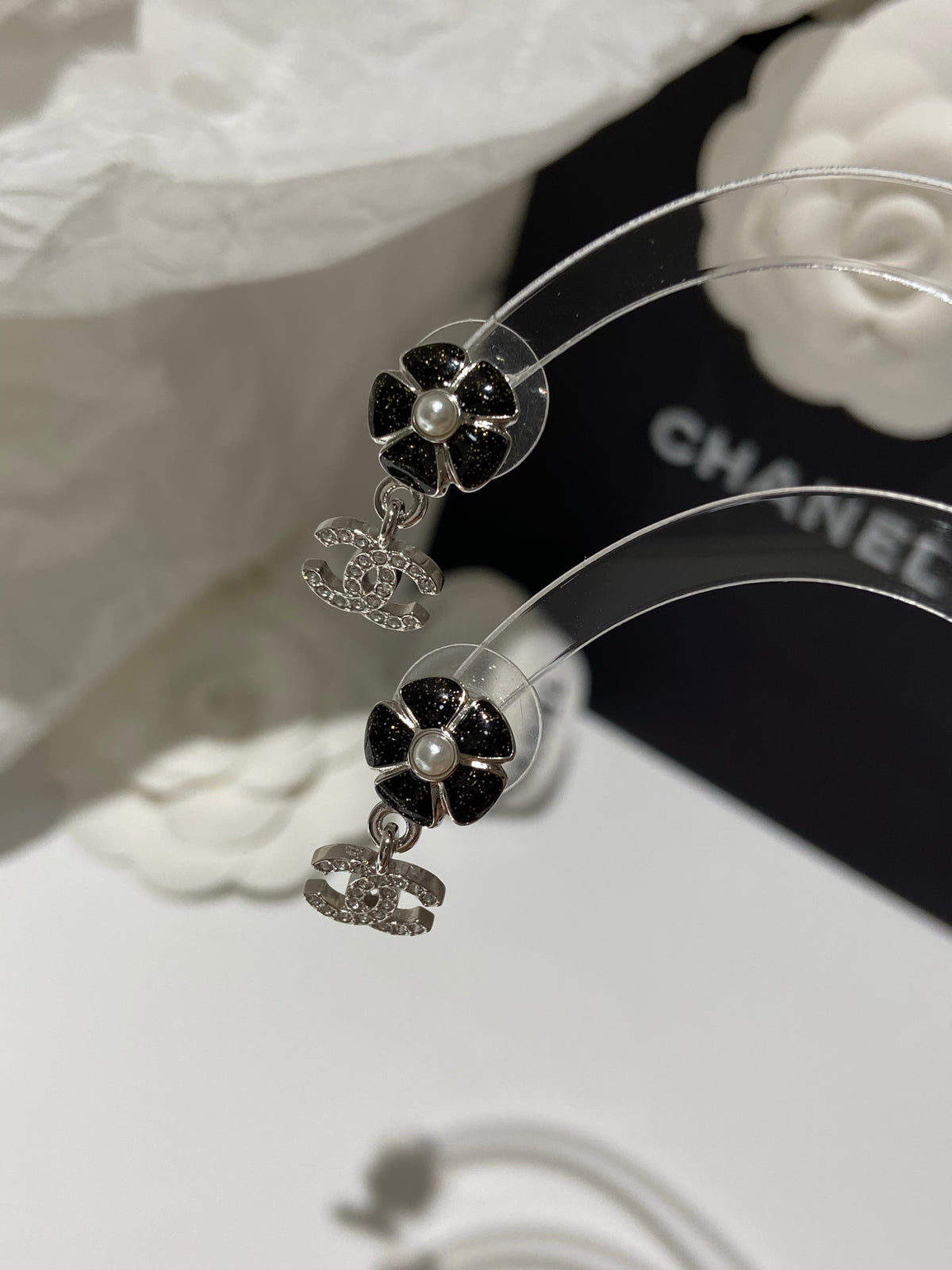CC Flower Pendant Silver Black Diamond Earrings