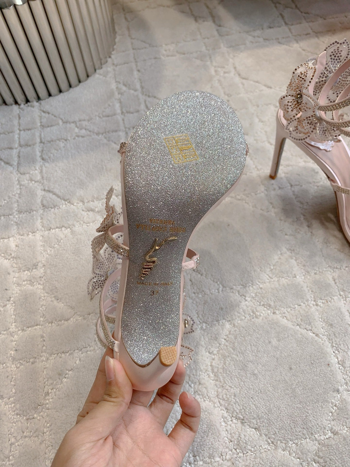 RC Flower Sandals Pink Nude Sheepskin Rhinestones 328466