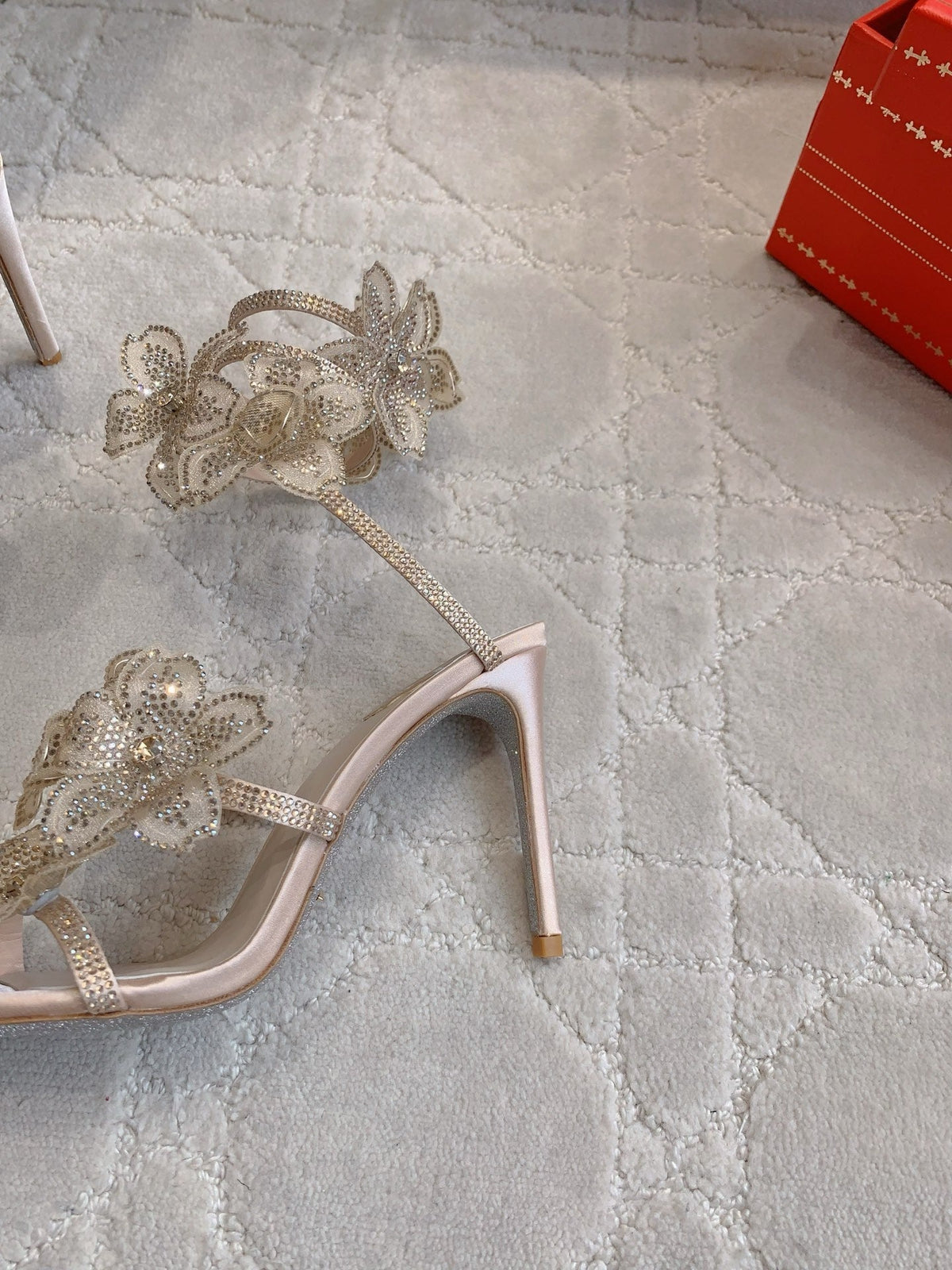 RC Flower Sandals Beige Sheepskin Rhinestones 328467