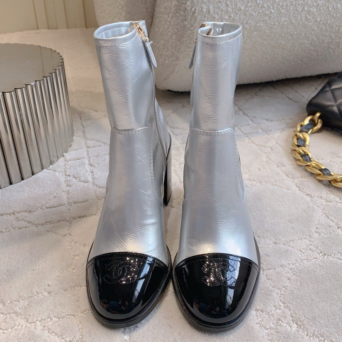 CC 25 Heeled Short Boot Silver mix Black Patent Leather 516676