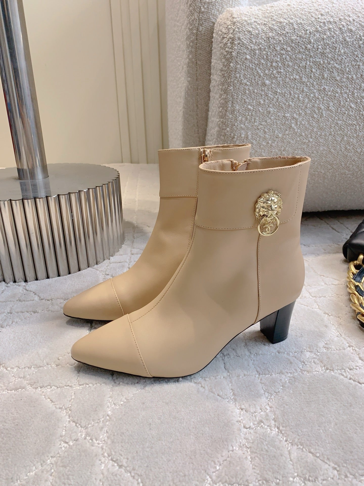 CC 25 Chunky High-heeled Ankle Boots Beige Calfskin 516659