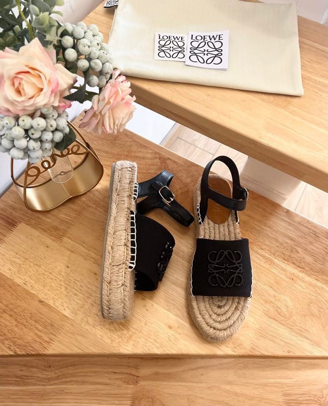 Loew Anagram Black Beige Leather And Canvas Espadrille Sandals