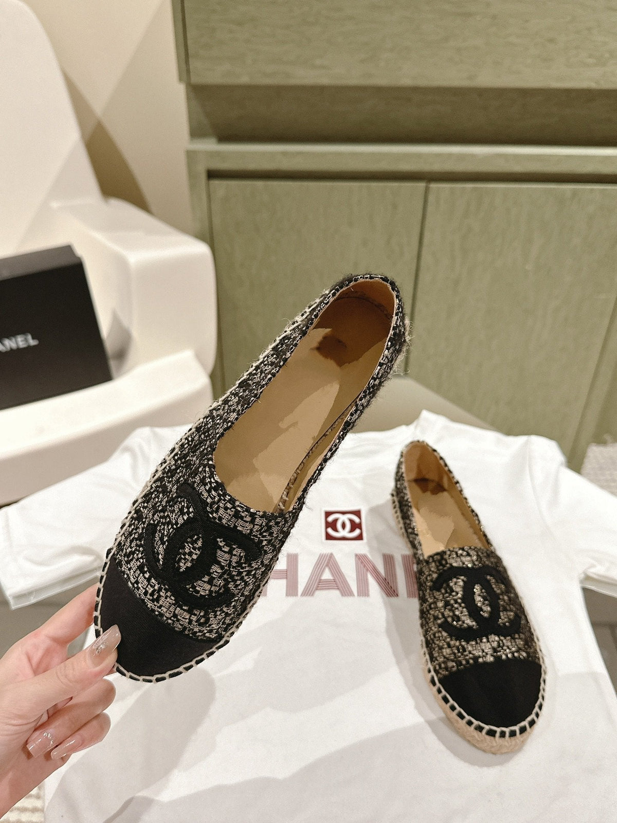 espadrilles black silver tweed black canvas