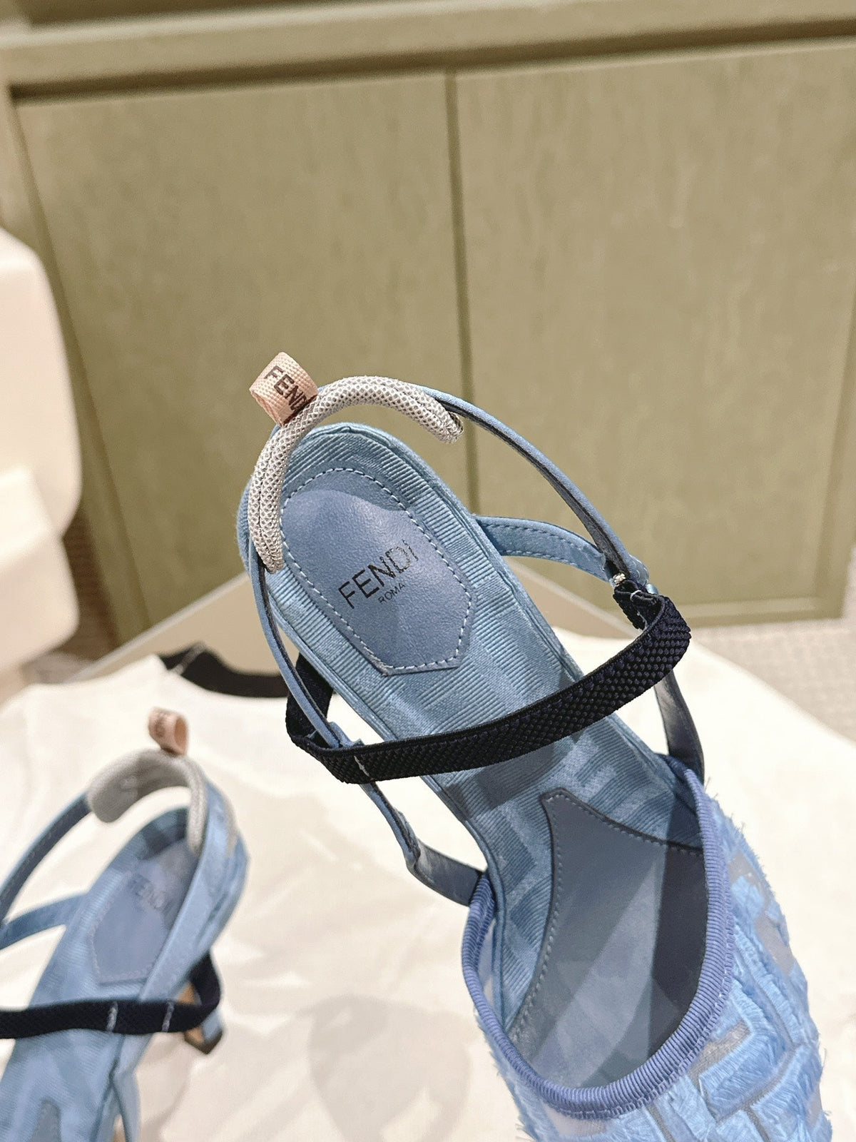 FENDI COLIBRÃŒ HIGH-HEELED SLINGBACKS 75MM IN SKY BLUE FABRIC
