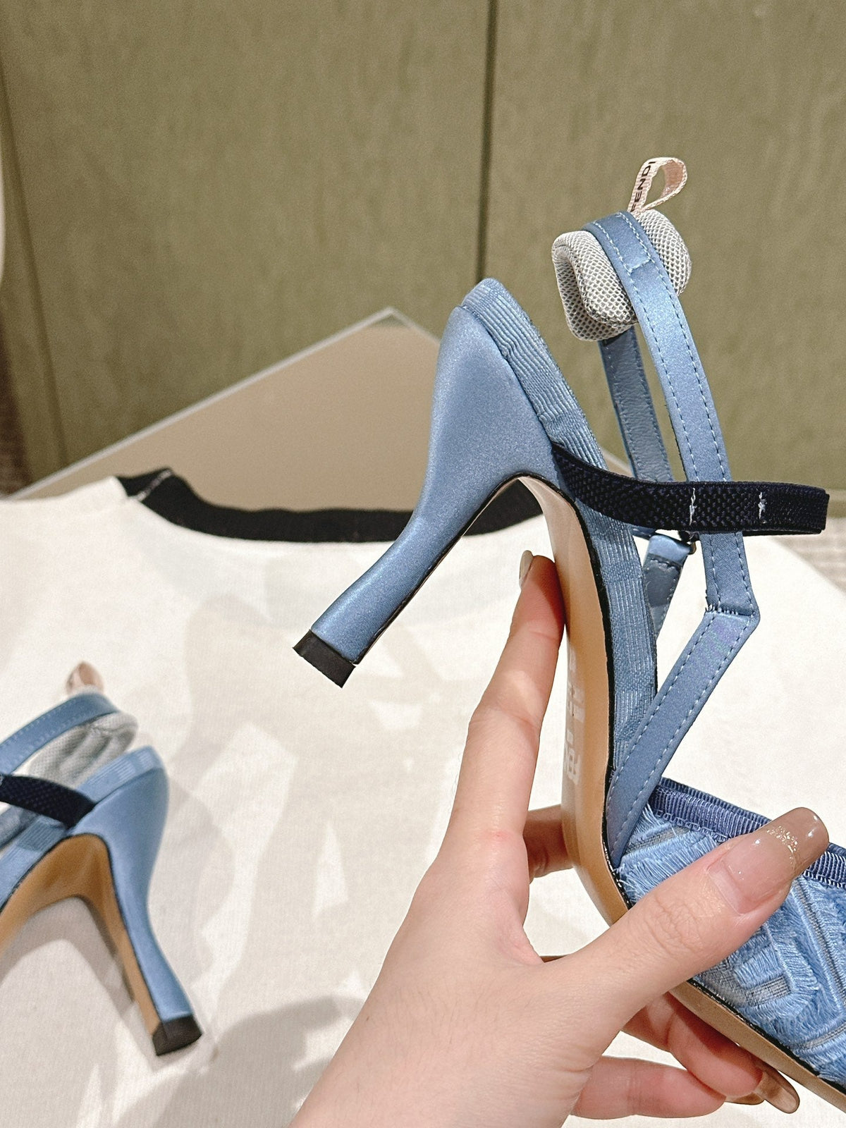 FENDI COLIBRÃŒ HIGH-HEELED SLINGBACKS 75MM IN SKY BLUE FABRIC