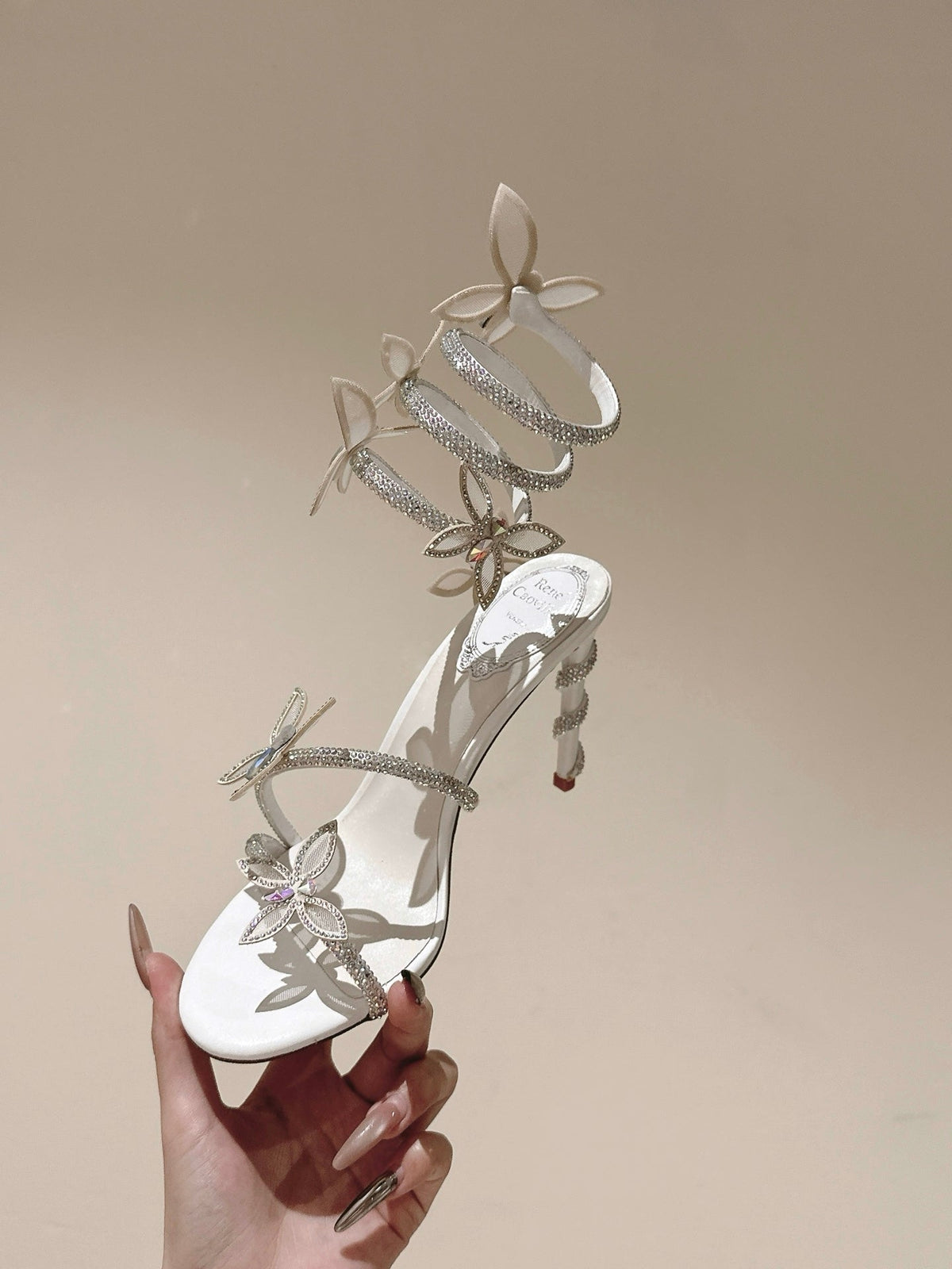 RC 25 Butterfly High-Heeled Sandals White Silk Rhinestones