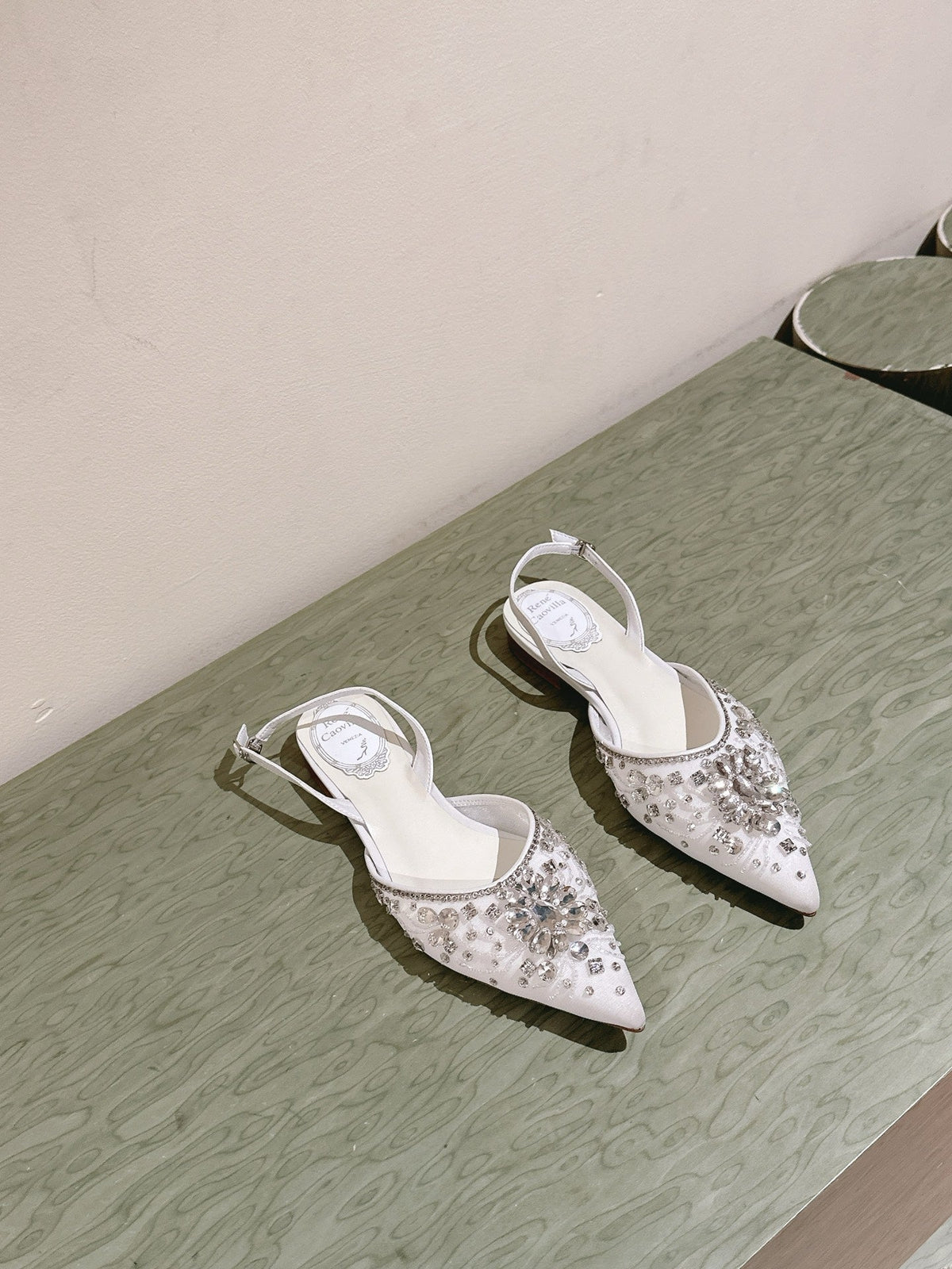RC 25C Slingback Flat Shoe White Silk Rhinestones 268075