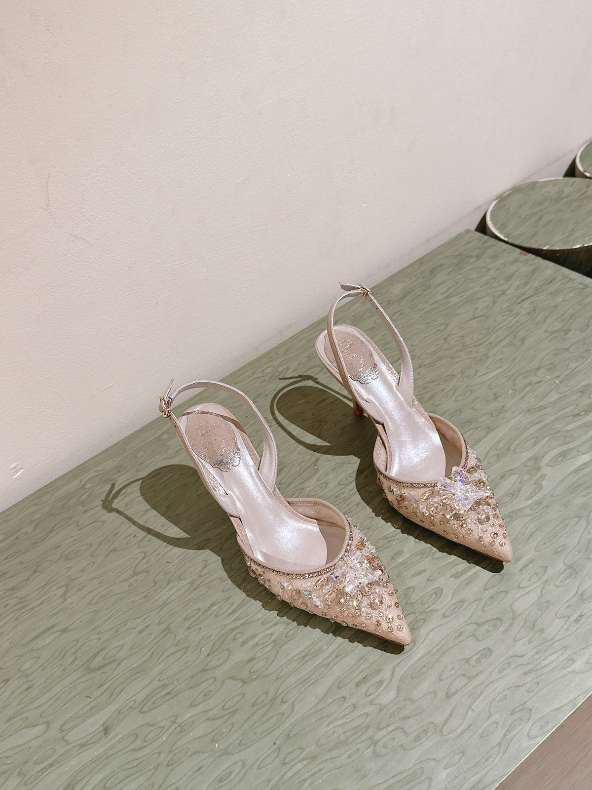 RC 25C Slingback Diamond High Heel 7.5cm Beige Silk Rhinestones 268079