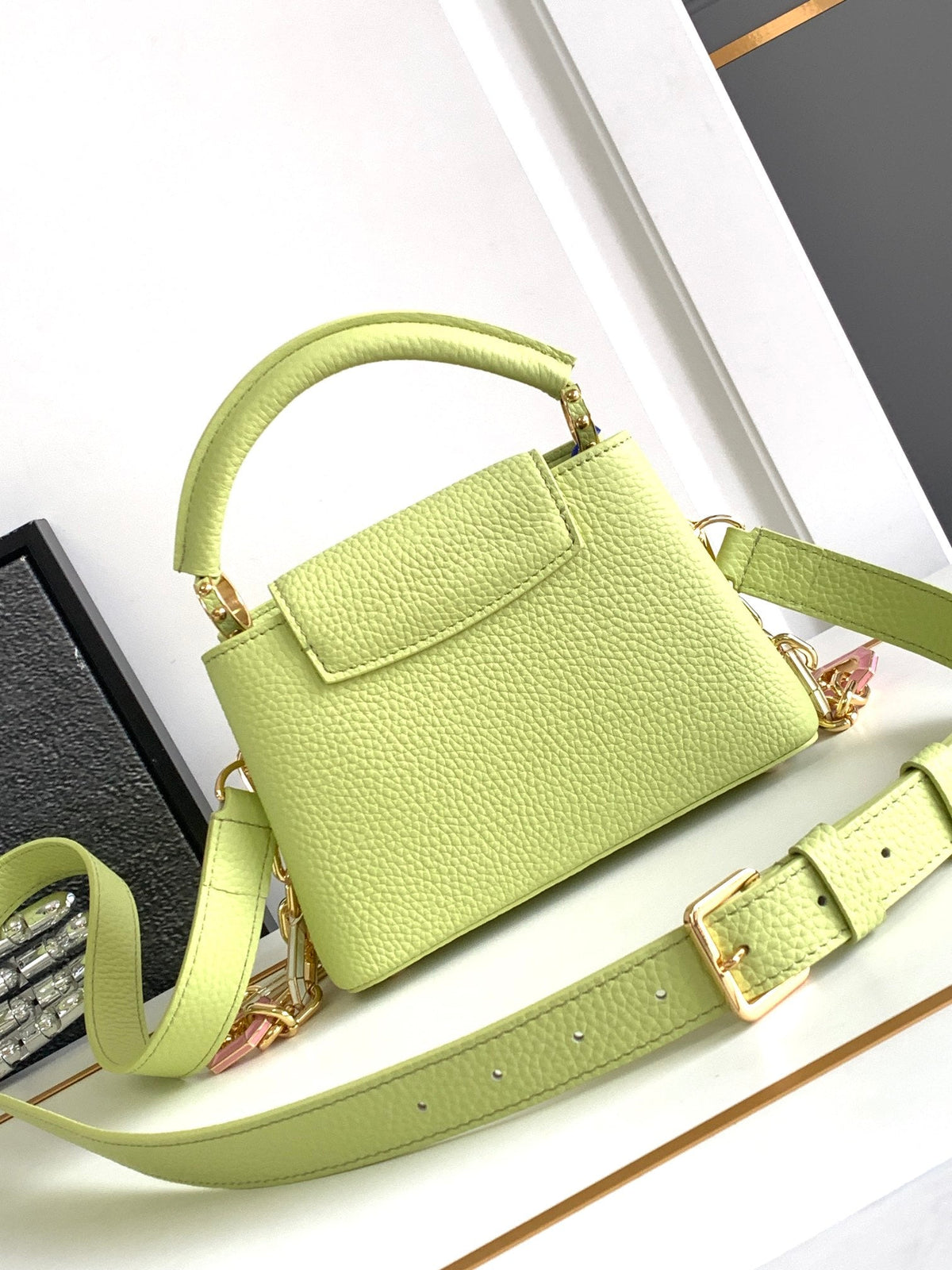 CAPUCINES MINI 21 IN PEAR GREEN TAURILLON GOLD HARDWARE