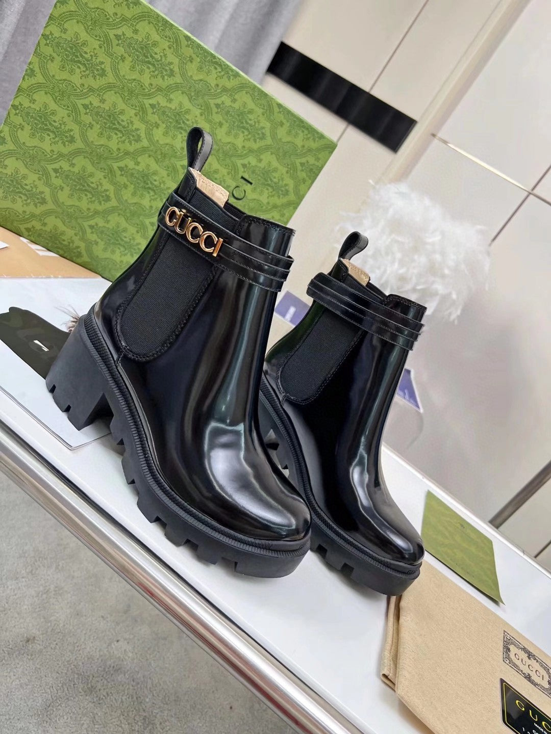 GG ankle boots  black cowhide gold buckle