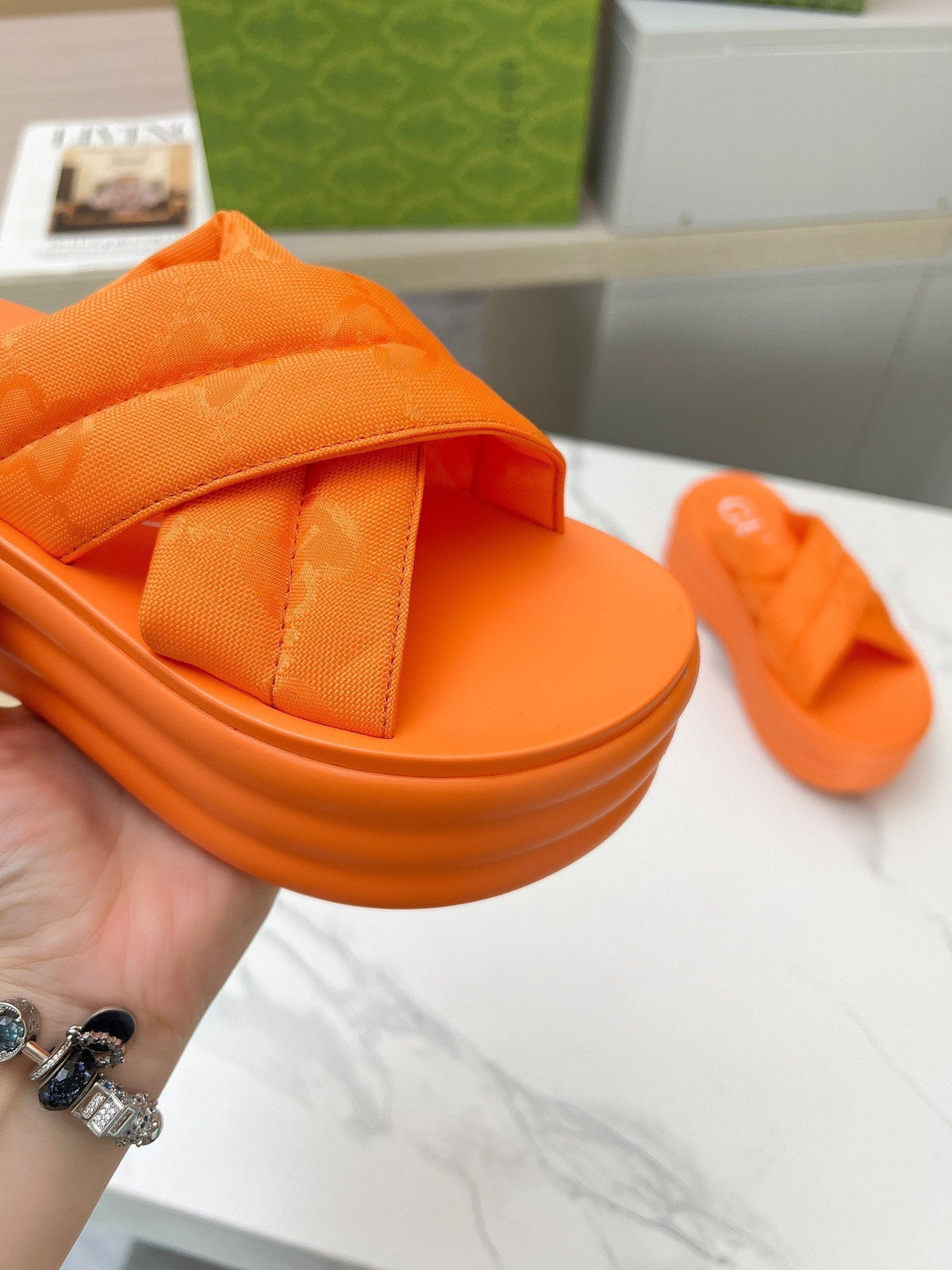 GG waterproof platform slippers orange fabric